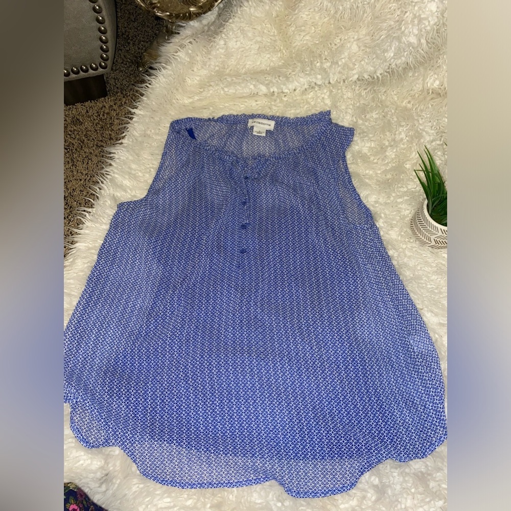 50%offw❤️Liz Claiborne Blue White Sheer  Sleeveless Peasant Blouse Top L NWOT 84